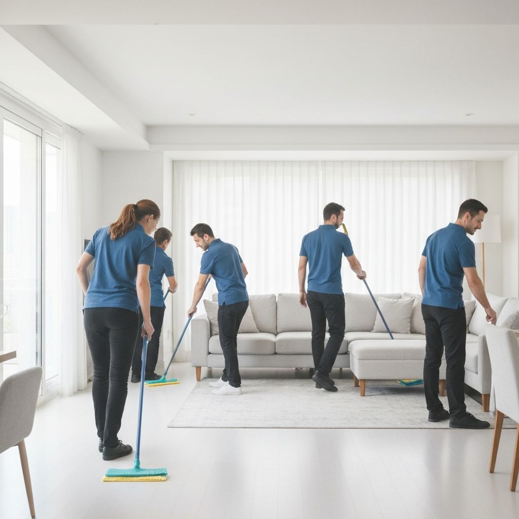 전문 청소팀이 깨끗한 아파트를 청소하는 모습